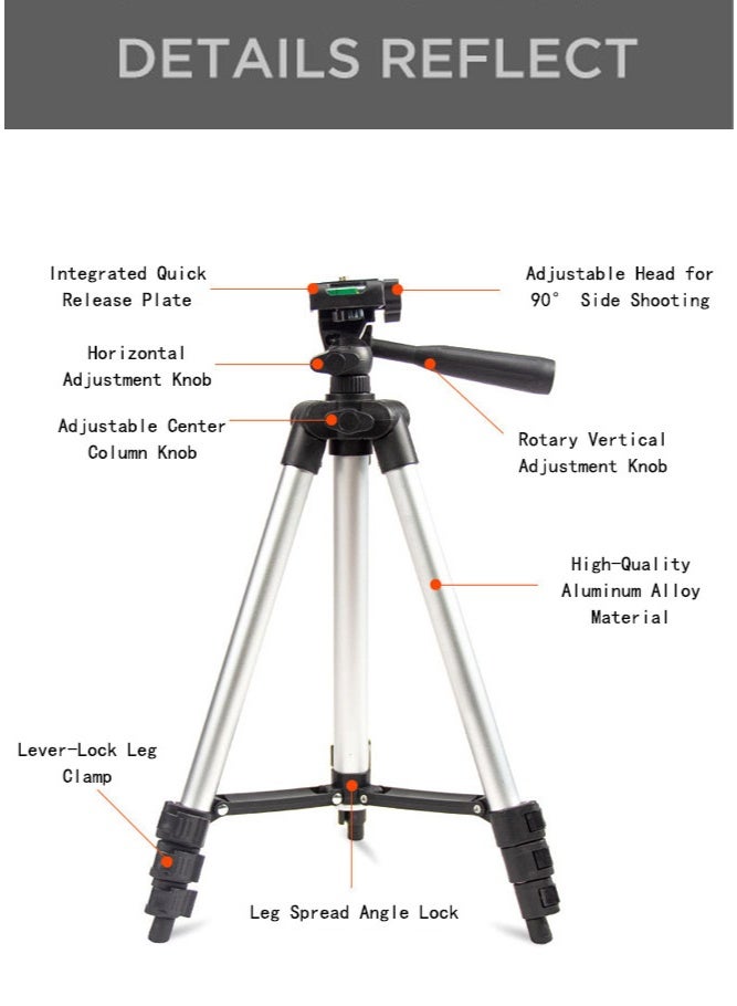 حامل ثلاثي للهواتف والكاميرات، عصا سيلفي ثلاثية بارتفاع 110 سم، حامل ثلاثي قابل للطي مصنوع من سبائك الألومنيوم، مناسب لالتقاط صور السيلفي والبث المباشر وتسجيل الفيديو والسفر – اللون الأسود - Image 2